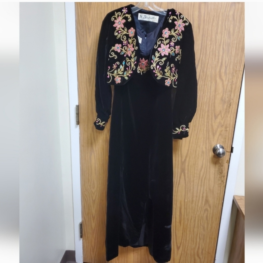Mr Blackwell Custom Black Velvet Embroidered  Dress And Jacket Rhinestones NWOT